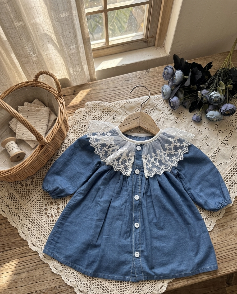 Clara Lace Cotton Denim frock