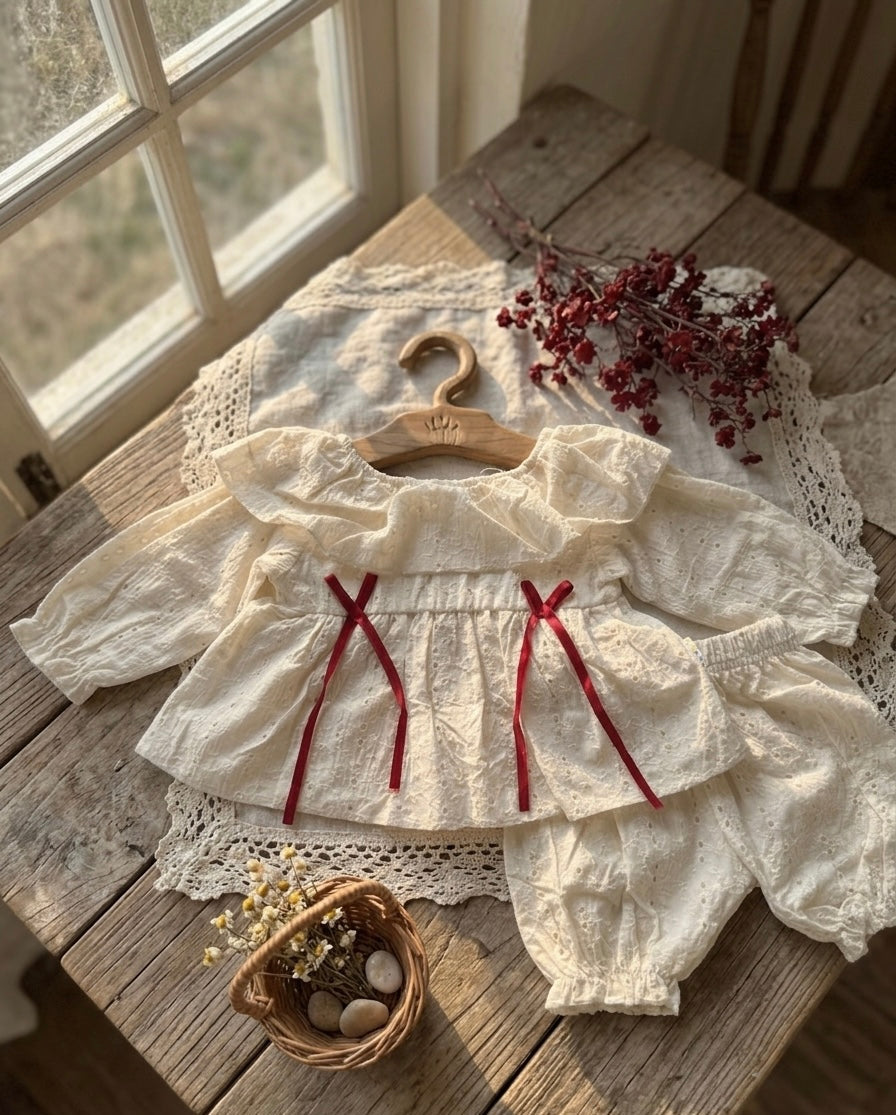 Crimson-Tied Ruffle Eyelet Set