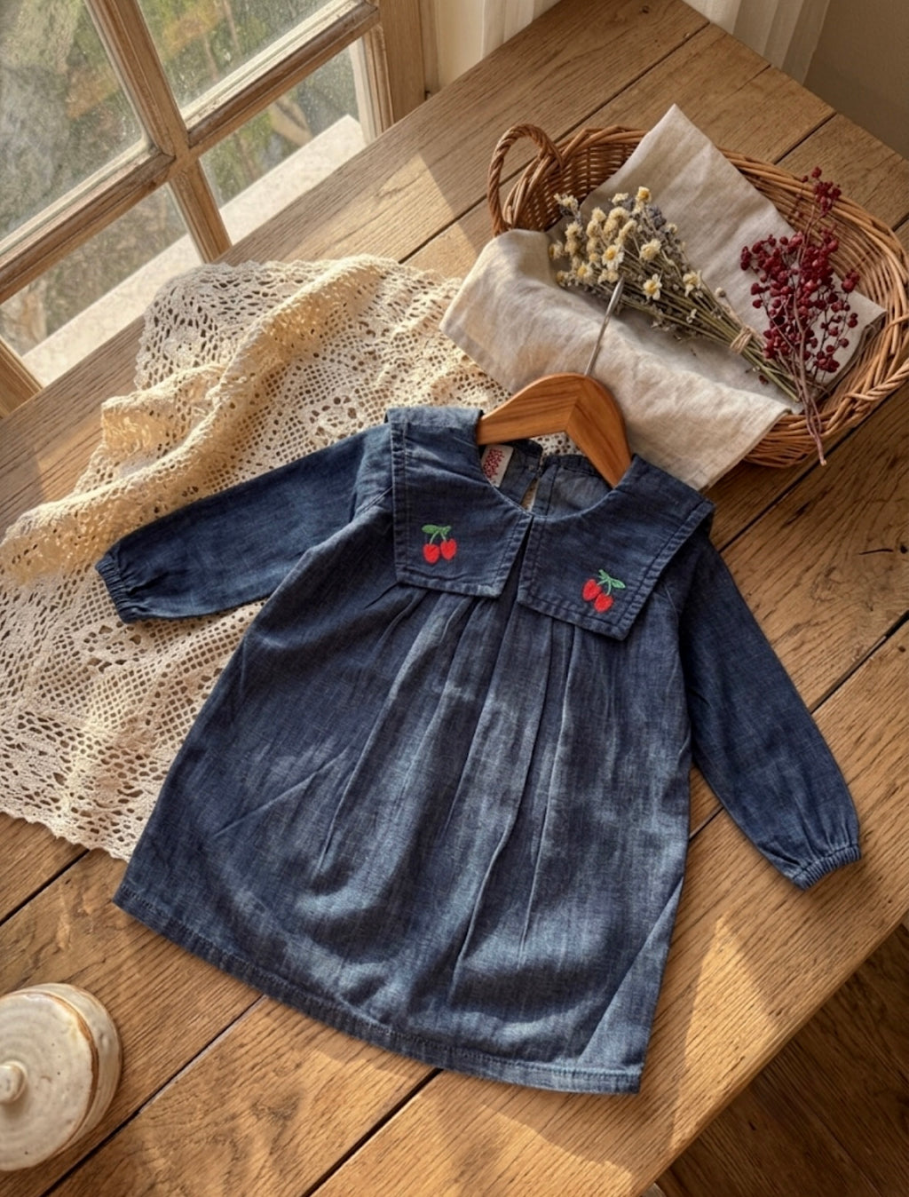 Cherry Sailor Denim dress (Dark Blue)